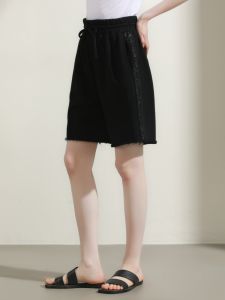 Miccbeirn | กางเกงขาสั้นผ้าฝ้ายแท้ทรงหลวมเอวยางยืดสำหรับเล่นกีฬาและออกกำลังกาย ปักลายประดับเลื่อม กางเกงขายาวลำลองสำหรับผู้หญิง