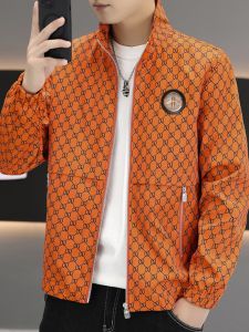 Slim Fit Mens Jacket Autumn New Style Orange Red Stand Collar Printed Fashionable Korean Version Topwear Breathable Polyester
