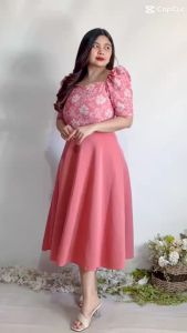 Freilyn Elegant Dress Combi Embossed Top Neoprene Skirt Zipper Back with Tie
