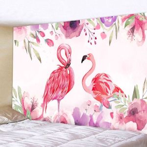 VIKAMA Watercolor Flower Flamingo Tapestry Wall Art for Bedroom Living Room Decoration Pink Couple Flamingo Flower Green Leaf