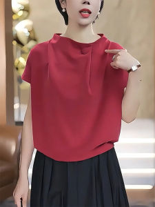 QINGNAER | Summer New Arrival French Style High-end Versatile Red Hem Elastic Short Sleeve Shirt