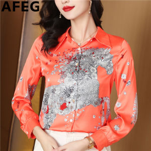 AFEG Korean shirt collar fashion loose temperament color satin printed long sleeve blouse for women
