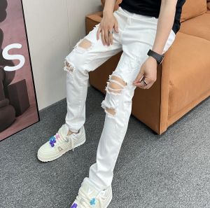 Mr Hai ฤดูใบไม้ผลิ ฤดูร้อน ผู้ชายสไตล์ใหม่ สลิมฟิต เดนิม กางเกงยีนส์ สีขาว ยืดได้ เจาะรู ทันสมัย ลำลอง กางเกงขายาว