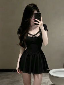 NIUVIES | Elegant French Black A-Line Waist Cinching Slim Dress