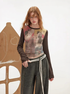 Unifree | High Quality American Print Long Sleeve T-Shirt Splicing Color Contrast Soft Finish