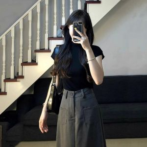 HUOLISI | Stand-up Collar Regular-Shoulder Short Black Silk Knit Summer Tee Women
