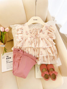 เสื้อยืดแขนสั้นลายดอกไม้สไตล์เกาหลีสำหรับเด็กผู้หญิง เสื้อผ้าเด็กฤดูร้อน แฟชั่น แขนยาว ปกโปโล ผ้าฝ้ายผสมโพลีเอสเตอร์