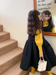 Girls Sleeveless Quilted Belted Cotton Blend Thickened Vest Dress Winter New Style Korean Version Children Baby Pure Color Skirt