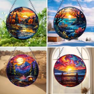 Lake and Sun Pattern Acrylic Suncatcher Home Living Room Art Decoration Window Hanging Round Wall Pendant Garden Ornament Gift