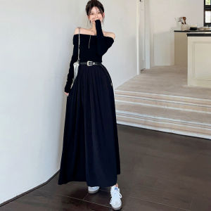 ชุดเดรสแขนยาวปาดไหล่สีดำสไตล์เฮปเบิร์นสำหรับผู้หญิงเดรสยาวรัดเอวเรียบหรูดูแพงสไตล์ฝรั่งเศสใส่แล้วดูผอมเพรียวถึงข้อเท้า