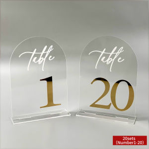 Arch Acrylic Table Numbers with Stands 5x7 Inch Clear Wedding Table Signs with 3D Mirror Gold Numbers with White Printed Script