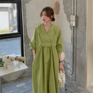 Green V-Neck Shirt Dress Women Summer 2025 New plus Size Loose Belly Covering Slimming French Forest System Long Dress