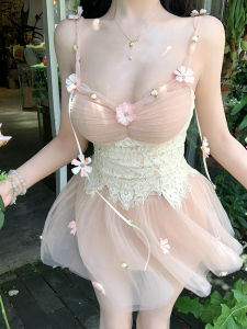 Pure Desire French Style off Shoulder Slimming Mesh Skirt Set for plus Size Women High Waist A-Line Short Dress Summer Wear