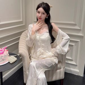 Ice Silk Lace Sleepwear Set Womens Spring Autumn Three-Piece Strap Home Clothes Long Pants round Neck Button Front Closure