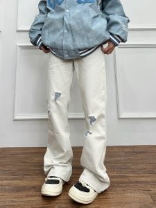 Cleanfit หลวม ผู้ชายผู้หญิง กางเกงขายาว ปลาเป็นปลาเค็ม American Retro สีขาว สีเทา Micro Flared กางเกงยีนส์ Hollow Out กางเกงลำลอง