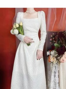 WANGGONGZHU | ชุดเดรสยาวทรงเอคอเหลี่ยมเอวสูงสไตล์ย้อนยุคสำหรับผู้หญิง ฤดูใบไม้ผลิและฤดูใบไม้ร่วง ชุดเดรสยาวคลุมเข่าทรงเอ