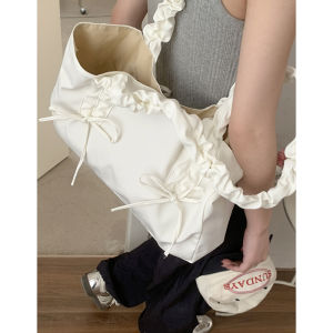 Korean Style Canvas Tote Bag Womens Large Capacity Pleated Butterfly Knot Bag Casual Shopping Bag Single Shoulder Bag