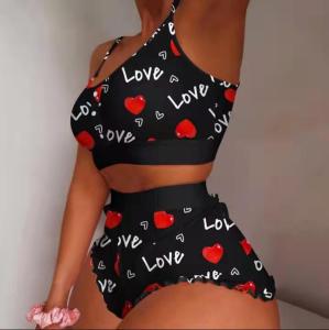 2025 New Women Sleepwear Lips Butterfly Print Home Suspended Pajamas Set Vest Bra Top Short Nightwear Lingerie Womens Nightgown