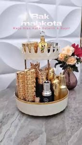 YESALL Rak Kosmetik 2 Tingkat Estetik - Tempat Makeup & Perhiasan | Tray Atas Mahkota Bawah Bisa Diputar Tiang & Pinggiran Emas