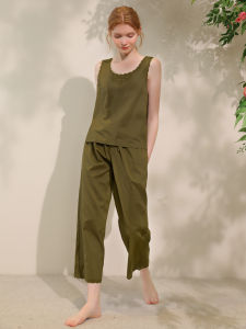 XEXZ | XEXZ Womens Summer Sleepwear Set Pure Cotton Embroidered Strap Pants Comfortable Home Clothes Round Neck Pullover Two-Piece