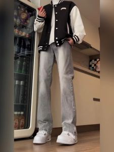 Cleanfit กางเกงยีนส์ทรงตรงสีเทาควันบุหรี่สำหรับผู้ชาย ฤดูใบไม้ผลิและฤดูร้อน สไตล์ใหม่ เอวกลาง กางเกงขายาว สไตล์สตรีทอเมริกัน กางเกงขายาวทรงหลวม