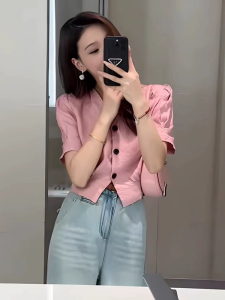 Elegant V-neck Bubble Short-sleeve Womens Shirt Summer Style Ultra-attractive Waist-cinching Short Design Sensation Charming Top