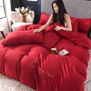 Bộ Drap Giường Cưới Đỏ Thêu Flannel