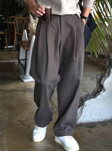 กางเกงขายาวทรงหลวมสำหรับผู้ชาย สีเทาเข้ม กางเกงขายาวทรงหลวม ดีไซน์หัวเข็มขัด กางเกงขายาวทรงหลวม สไตล์ลำลอง