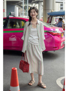 Casual Striped Shirt And Skirt Set Womens Summer 2025 New Korean Design Feeling Two-Piece Suit Long Sleeve Button-Up Style