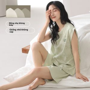 Bộ đồ ngủ MiiOW cho nữ làm bằng cotton nguyên chất không tay có đệm ngực