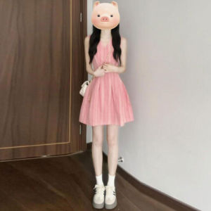 CHANGTONG | French Style Sleeveless Pink Vest Dress Womens Summer Slimming Short Skirt High Waist Zipper V-neck A-line Striped Dress