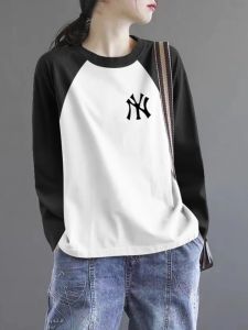 เสื้อยืดแขนยาว 100% Pure ผ้าฝ้าย ผู้หญิง บล็อกสีคอกลม เสื้อท่อนบน พรางหุ่น Effect Large Size ทันสมัย ลำลอง Wear