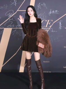 Váy Nhung Màu Nâu Thanh Lịch Kiểu Pháp Mới 2025 Váy Midi Chữ a Cạp Cao Tay Dài Mùa Xuân Thu Đông Cho Nữ