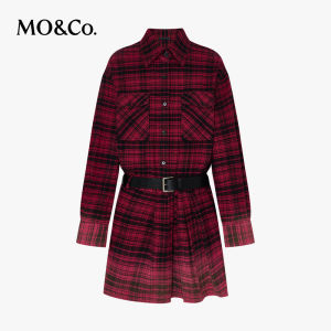 MO&Co. | Autumn Spring Cotton Black Red Check Gradual Color Waist Belt Included Dress