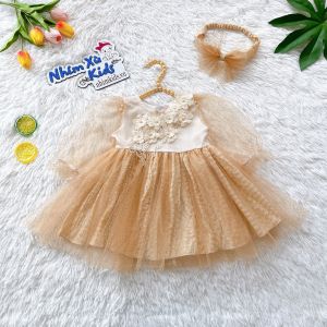 Váy công chúa đính hoa ngực bé gái 4 đến 28kg chất đũi xốp phủ lưới kim tuyến [V007]