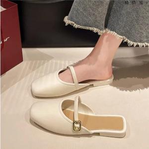 French Style Half Slippers Womens Outdoor Wear Spring Summer New Soft Leather Mules Mary Jane Single Shoes Sweet Style PVC Upper