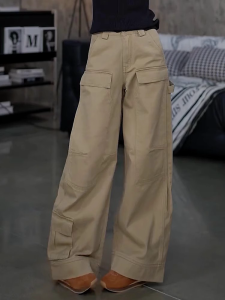 High Waist Wide Leg Pants Womens Khaki Color Retro American Design Autumn New Style Versatile Discounted Trousers for Ladies