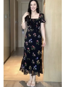 plus Size Floral Print Vintage French Style Womens Dress Square Collar Fish Tail Waist Cinching Long Skirt Summer Slimming Effect