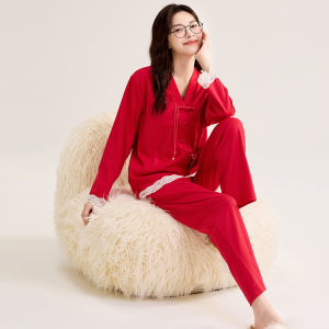 Pure Cotton Long Sleeve Sleepwear Set for Women Anti-Microbial Spring Autumn Style Home Clothes Red Marriage Year Design