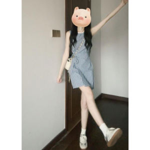 Đầm ngắn CHANGTONG không tay kẻ caro màu xanh ôm sát thắt eo phong cách Hàn Quốc