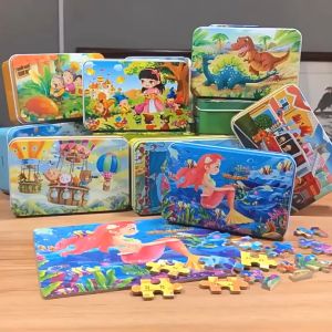 [BABY BUG] 60Pcs Wooden Cartoon Puzzle With Metal Box / Kids Early Learning toys / Brain Development Puzzle