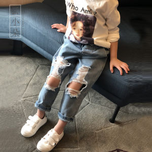 Loose Fit Kids Jeans Spring Autumn New Style Korean Version Hole Design Cotton Blend Fabric Casual Trousers for Boys And Girls