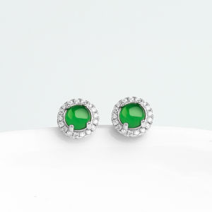 TIMESWIND Stylish Natural Jade Green Round Egg Shaped S925 Silver Zircon Women Stud Earrings