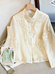 New Chinese Style Floral Embroidery Stand Collar Seven Sleeve Double Layered Womens Shirt Large Size Elegant Atmosphere