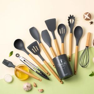 Food Grade Silicone Kitchen UtensilsTurner TongsSpatulaSpoonBrushWhisk for Nonstick CookwareHeat ResistantDishwasher Safe