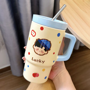 Ceramic Coffee Mugs for Couples with Lid Straw Womens Large Capacity Home Use Breakfast Cup High Aesthetic Value Water Cup