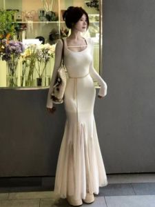Elegant Unique Korean Style Long Dress Bodycon Fish Tail Gown for Ladies Fashionable Autumn Wear U Neck a Line Skirt