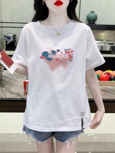 White Pure Cotton Short Sleeve T-Shirt Womens Korean Style Loose plus Size Summer New Love Heart Slit Trendy Top
