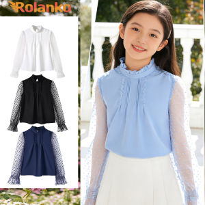 Rolanko Girls Long Sleeve Shirts Chiffon Blouses with Polka Dot Ruffle Cuffs Cute Frill Neck Tops for Girls Spring Fall 7-13Years