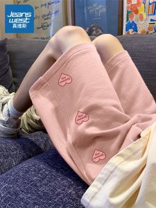 กางเกงขาสั้นกีฬาสีชมพู Pure Cotton Loose Wide Leg Casual Pants สำหรับผู้หญิง กางเกงขายาวทรงตรง ฤดูร้อน 2025 Jeanswest